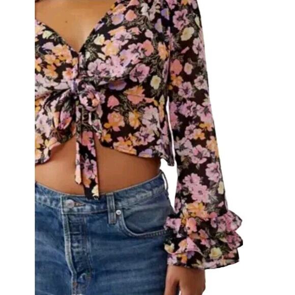 Free People Small Open Maybel Chiffon Blouse in Black Combo Floral - Picture 4 of 4